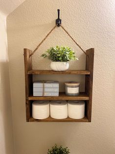 a wooden shelf holding two rolls of toilet paper and a potted plant on top of it