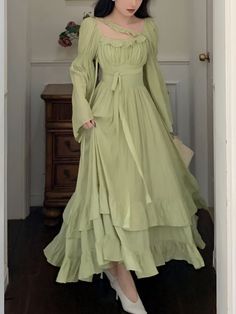 Green Fairy Dress, Elegant Vintage Dresses, Mori Girl Fashion, Green Fairy, Chiffon Midi Dress, Couture Mode, Korean Dress, Chiffon Long Sleeve