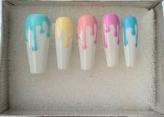 Pastel Drip Nails, Long Pastel Nails, Nails Drip Design, White And Pastel Nails, Teen Nail Ideas, Simple Pastel Nails, Drip Nail Design, Cute Pastel Nails, Nails For Teens