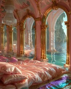 a large bed sitting in the middle of a room filled with lots of pink sheets