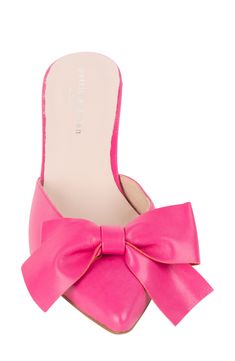 A neatly tied bow details the pointed toe of a chic mule handcrafted in Spain and set on a sophisticated kitten heel. 1 3/4" heel Cushioned insole Leather upper, lining and sole Made in Spain Feminine Pointed Toe Sandals With Bow, Spring Open Toe Kitten Heels With Bow, Pointed Toe Heels With Bow For Cocktail, Pink Pointed Toe Sandals With Bow, Chic Open Toe Kitten Heels With Bow, Elegant Mules With Bow And Open Heel, Elegant Open Heel Mules With Bow, Chic Kitten Heels With Bow And Pointed Toe, Spring Low Heel With Satin Bow