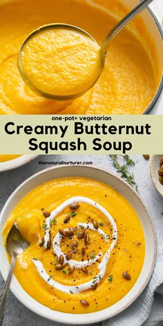 creamy butternut squash soup in a white bowl with a spoon