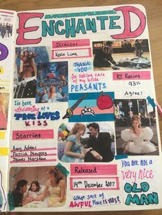 an open notebook with many pictures and words on the pages, including characters from tv shows