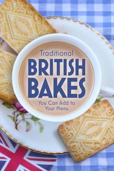 some cookies on a plate with the words traditional british bakes written in blue and white