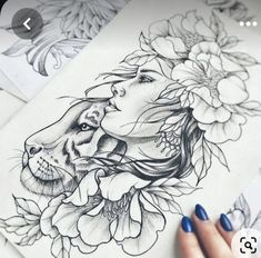 a woman's face with flowers in her hair next to some drawings on paper