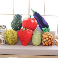 there are many fruits and vegetables on the bench