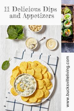 a plate with chips and dips on it next to bowls of dips, crackers and spinach leaves