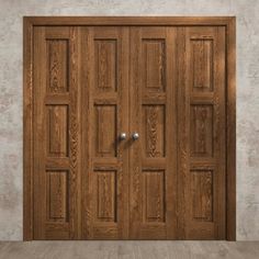 an open wooden door in a room with light wood flooring and concrete wall behind it