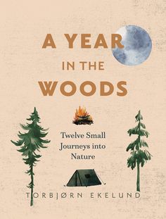 a book cover for a year in the woods, with trees and a campfire