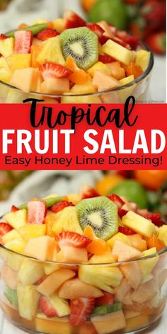 tropical fruit salad in two bowls with the title overlay