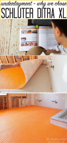 an orange floor covering in the middle of a room with text overlaying it