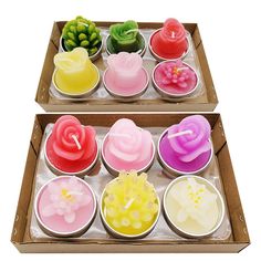 the cupcakes are decorated with flowers and icing in different shapes, sizes and colors