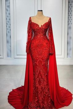 Red Long Sleeve Mermaid Lace Evening Dress | Cheap Lace Homecoming Dress Evening Dresses 2022, Lace Wedding Dres, Long Red Evening Dress, Red Evening Dresses, Reception Gowns, Red Lace Prom Dress, Party Gown Dress, Red Wedding Dress, Homecoming Dresses Lace