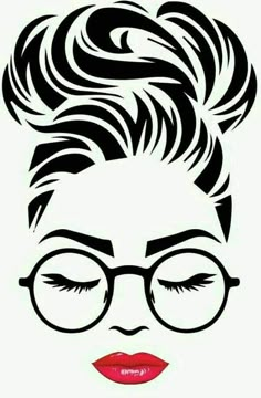 a black and white drawing of a woman's face with glasses on her head