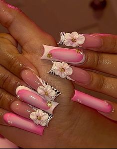 #nailart Long Nails Inspo 2024, Acrylic Flower Nail Designs, Birthday Day Nails, Pink Nail Aesthetic, Atlanta Nails, Pink Nails Design Ideas, Pink Bling Acrylic Nails, Pink Junk Nails, Long Pink Acrylic Nails