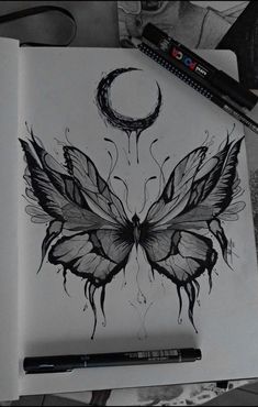 a black and white drawing of a butterfly with a half moon in the back ground