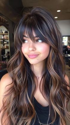 Brown To Color Balayage, Long Fall Hair Color Dark Brown, Dark Brown Honey Hair, Brunette Hair With Dimension Balayage, Brown Hair Bangs Highlights, Fall Brunette Hair Color Balayage Long, Long Dark Brown Hair With Highlights Chocolates Caramel Balayage, Bright Caramel Balayage, Fall Hair Trends 2024 Cuts