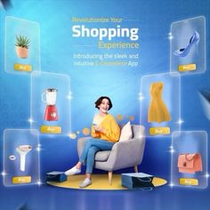 a woman sitting on a chair in front of a blue background with shopping experience icons