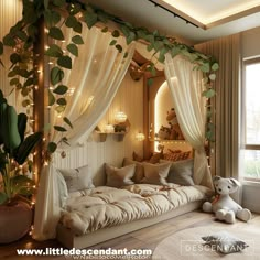 a canopy bed in a bedroom decorated with lights and greenery on the walls, along with a teddy bear