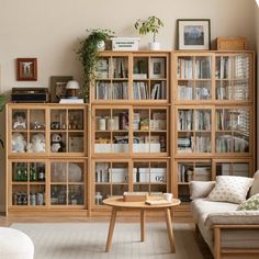 a living room filled with lots of wooden bookshelves