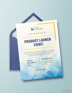 a blue and yellow product launch event flyer with an envelope on the left hand side