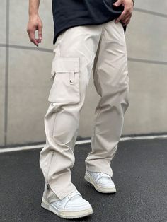 Manfinity Homme Men Flap Pocket Side Cargo Pants | SHEIN USA Pants Embellished, Pants Outfit Men, Beige Pants, Color Crema, Men Stylish Dress, Cargo Pants Men, Cargo Trousers, Men Clothing, Pants Outfit