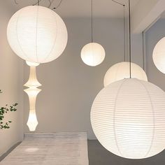 three white paper lanterns hanging from the ceiling in a room with plants on the floor