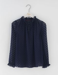 Ruffle Neck Top WA741 Long Sleeved Tops at Boden Corporate Wardrobe, Shirts And Blouses, British Fashion, Fancy Pants, Women Shirts Blouse, Shirts Blouses, Black Ruffle, Women's Shirts, Navy Women