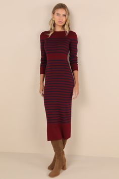 Take on whatever the day brings with stylish confidence in the Lulus Effortlessly Ready Burgundy Striped Ribbed Midi Sweater Dress! Stretchy ribbed knit, with a navy blue striped pattern, shapes this sweater dress with a chic boat neckline framed by long fitted sleeves. The figure-hugging bodice continues into a bodycon skirt that falls to a chic midi hem, perfect for pairing with your favorite fall boots! Fit: This garment fits true to size. Length: Mid-calf length. Size medium measures 48" from shoulder to hem. Bust: Great for any cup size. Waist: Fitted - stretchy fabric allows custom fit. Hip: Fitted - stretchy fabric allows room for hips. Undergarments: May be worn with any standard bra. Fabric: Fabric is very stretchy. Unlined. 55% Viscose, 30% Cotton, 10% Polyester. Hand Wash Cold. Boots Fit, Thanksgiving Dress, Midi Sweater Dress, Red Sweater Dress, Bodycon Sweater Dress, Fall Boots, Fitted Sleeves, Bodycon Skirt, Long Sleeve Casual Dress