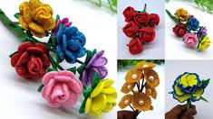 there are four different types of flowers made out of plastic beads and sequins