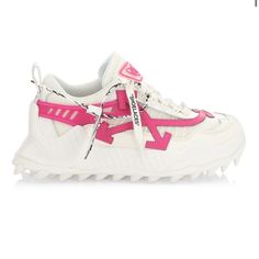 Off-White Odsy Mesh Sneakers White Pink Women’s Eu 40/Us 10 $759. New In Box. Only At Saks. Mounted On A Rigged Rubber Sole, The Odsy Sneaker Is Updated With Signature Double-Arrows At The Sidewall And Contrast Zip-Tie. Polyester Upper Round Toe Lace-Up Vamp Polyester Lining Rubber Sole Imported White Gym Shoes, White Shoes Outfit, Pretty Sneakers, Pretty Shoes Sneakers, Shoes Sneakers Jordans, Off White Shoes, White Shoes Sneakers, Cute Sneakers, Converse Chuck 70