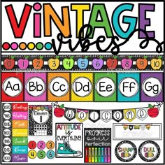 a poster with the words vintage vibes and an image of school supplies on it