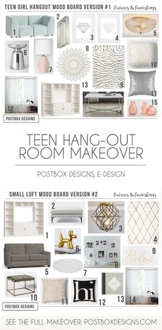 the interior design guide for teen hangout room makeover with text overlays