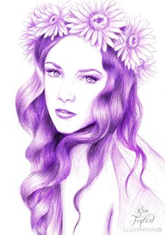 a drawing of a woman with flowers in her hair