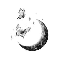 two butterflies are flying over the moon