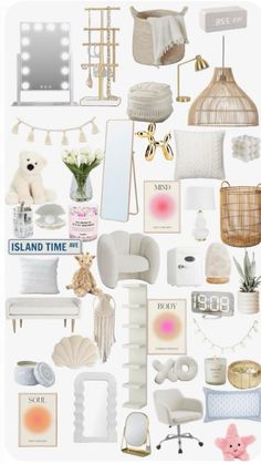 a collage of white furniture and accessories with pink accents on the top, along with an island time sign