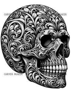 a black and white drawing of a skull with swirls on it's face