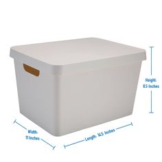 a large white storage box with measurements