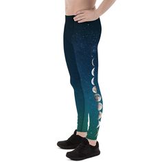 These leggings are inspired by the beautiful phases of the moon.  They are printed onto a galaxy sky. Be your best active self in these men's leggings! The super soft and stretchy material makes them the perfect choice for a variety of activities, and you can wear them on their own or under shorts. The leggings are bound to become your favorite workout apparel! * 82% polyester, 18% spandex * Fitted design * Front gusset for extra comfort * Flatseam and coverstitch * Elastic waistband * Very soft Galaxy Sky, Boho Leggings, Yoga Pants Men, Yoga Tights, Yoga Tees, Pink Yoga Pants, Black Yoga Pants, Mens Leggings, Black Yoga