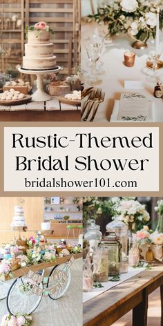 rustic - themed bridal shower with flowers and desserts on the table in front