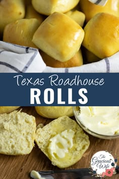 rolls and butter on a cutting board with text overlay that reads texas roadhouse rolls