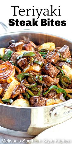 the cover of teriyaki steak bites with peppers and onions in a skillet