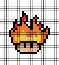 A pixel art template of a Mario mushroom themed as fire. Mario Mushroom Pixel Art, Pixel Art Mario Bros, Pixel Art Grid Easy, Pixel Art Mushroom, Mushroom Pixel Art, Minecraft Pixel Art Templates, Mushroom Pixel, Pixel Art Mario