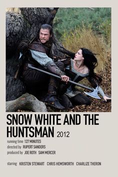 the poster for snow white and the huntsman 2012 is shown with an image of two people