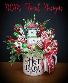 a coffee mug decorated with candy canes and christmas decorations