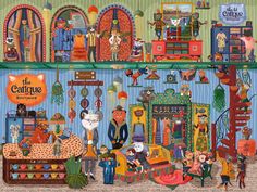 a large painting of people and animals in a room filled with colorful furniture, bookshelves