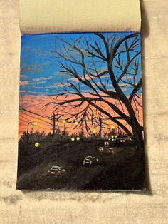 an oil painting of cars driving down the road at sunset with trees in the foreground