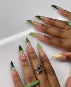 Image shared by The Princientist. Find images and videos about french nails, green nails and nails ideas on We Heart It - the app to get lost in what you love. Basic Glam Nails, Green Stilettos Nails, Dark Green Acrilyc Nails, Earthy Nails Acrylic Almond, Green Acrilyc Nails, Green Nails With Charms, Green Themed Nails, Steletoes Nails, Green Baddie Nails