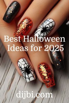 halloween nail art with spider webs and glitter on the tips, which is best for 205