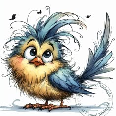 a drawing of a small bird with blue feathers on it's head and eyes